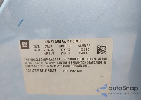 2015 Chevrolet Impala Ls z USA, uszkodzony, nr VIN 1G11Z5SL6FU134357